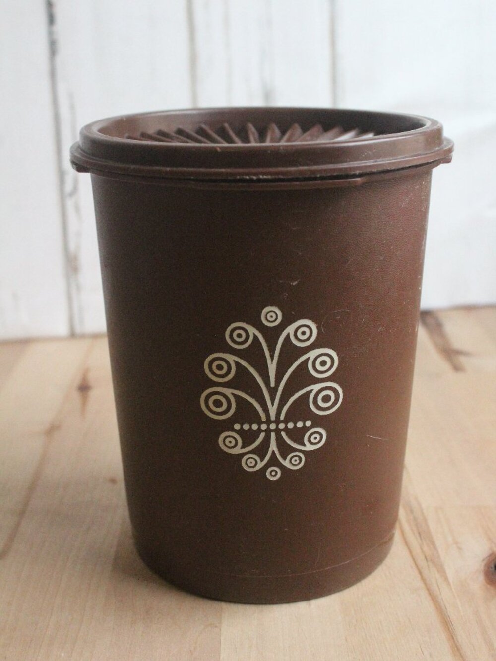 Vintage Brown Tupperware Canister with Lid : Fleur de Lis Pattern